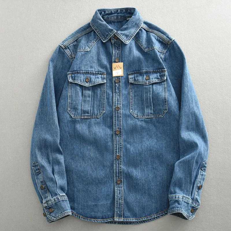 American Retro Denim Shirt Jacket For Men Fashion Safari Style Lapel Pocket Splicing Coat Casual Loose Male Autumn Shirts M260309