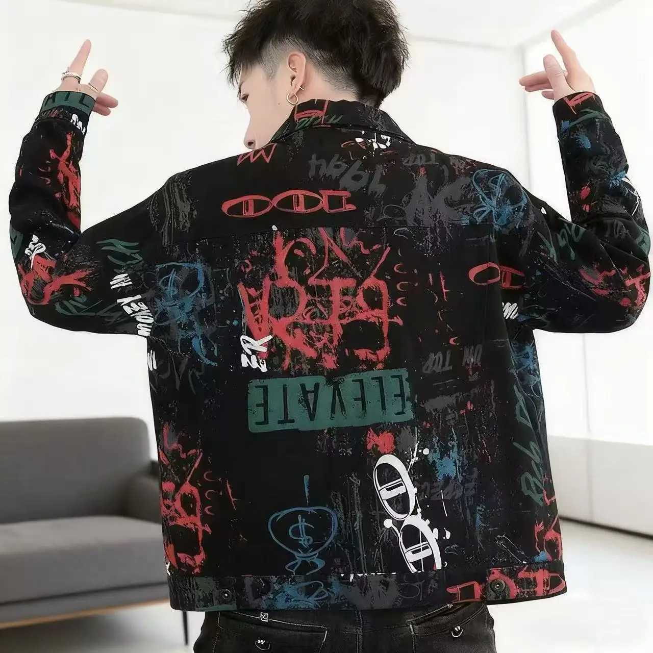 Vintage Loose Mens Print Denim Jacket Spring Autumn Casual Long Sleeve Outerwear Coat M260309