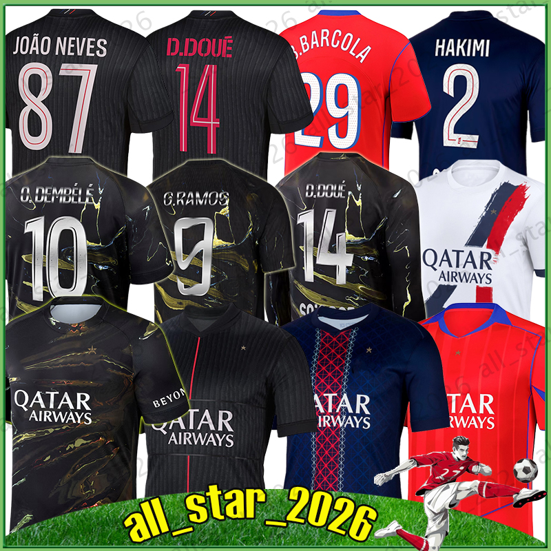 4XL 25/26 PSGeS BARCOLA O.DEMBELE soccer jerseys HAKIMI D.DOUE KVARATSKHELIA JOAO NEVES Fans player Version MARQUINHOS 2025 2026 Men Kids kit socks Football Shirts