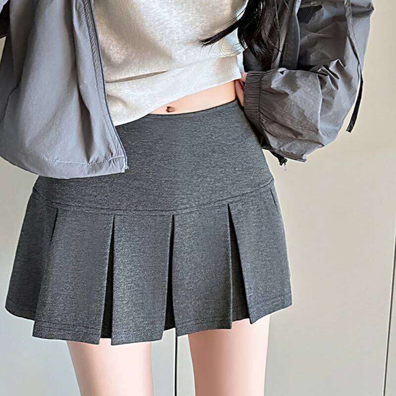 Korean Mini Women Summer 2025 New High Waist Wide Pleat Light Grey Sexy Vintage A-Line Pleated Skirt Casual Skort XJ260309