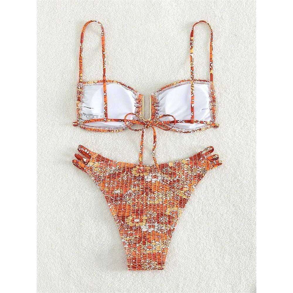 Sexy Pleate Bikini Women U Neck Push Orange Floral Print Micro Swimsuit 2025 Summer Bathing Suit Lace Up Thong Swimwear XJ260206