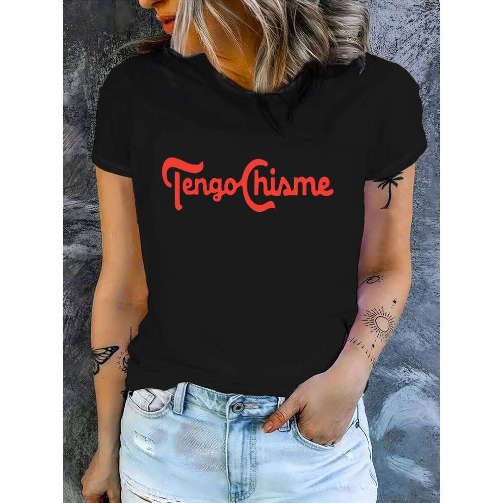 Women's Casual Letter Print T-Shirt - Short Sleeve Crew Neck, Soft Polyester & Elastane Blend, Lightweight Summer XJ260306