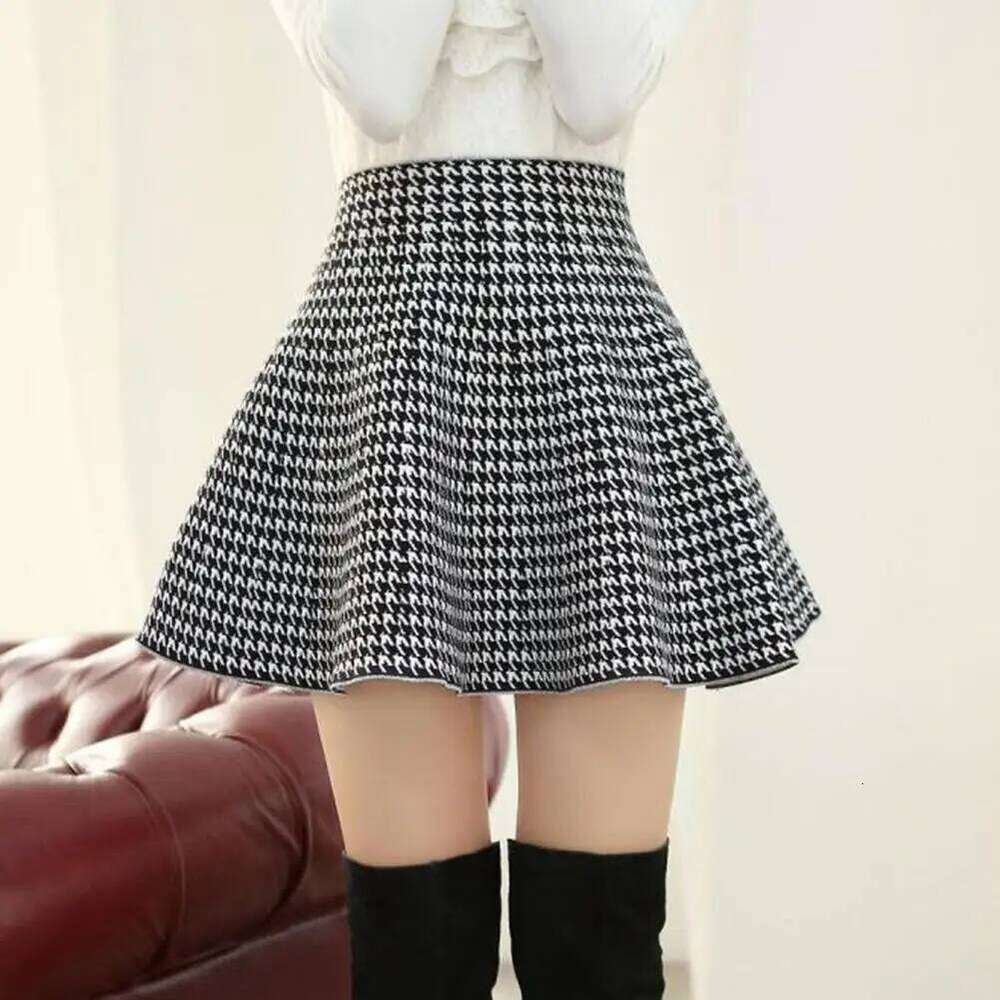 Houndstooth Korean Pleated Elegant Zipper High Waist A Line Mini Autumn Winter Trendy Short Skater Skirt XJ260309