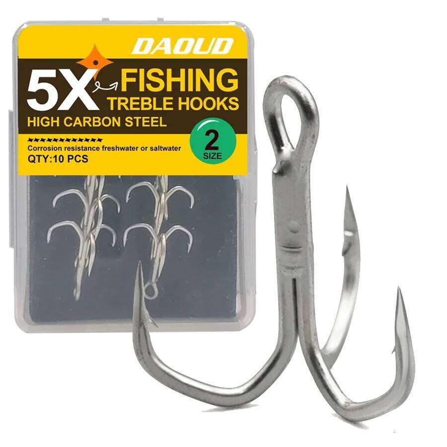 5X Kit 10pcs Sharp Treble Hooks Set High Carbon Steel Classic Round Bend Triple Fishing Hook for Catfish S260305