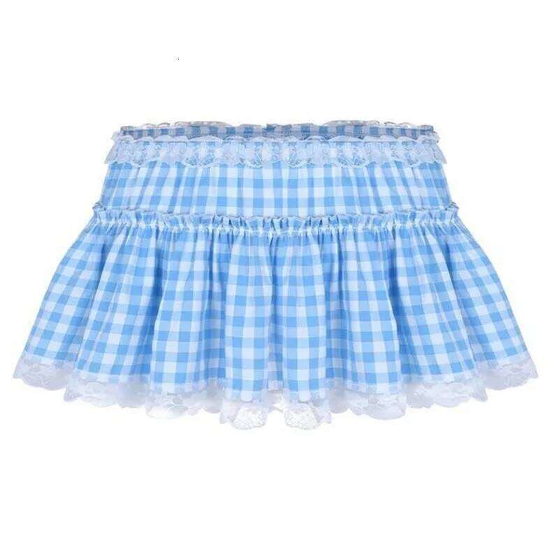 Women Y2K Lace Mini Skirt Summer Plaid Gingham Ruffle Short Fairy Princess Sexy Low Rise Pleated A-line Skirts Lolita 2000s XJ260309