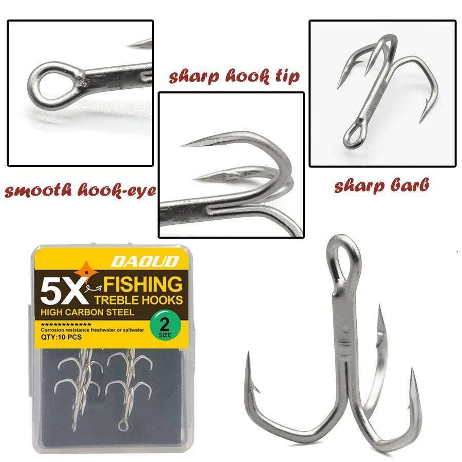 5X Kit 10pcs Sharp Treble Hooks Set High Carbon Steel Classic Round Bend Triple Fishing Hook for Catfish S260305