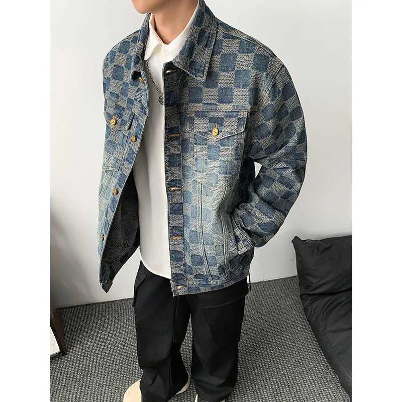 Vintage Loose Mens plaid Print Denim Jacket Spring Autumn Casual Versatile Hipster Long Sleeve Outerwear Coat M260309