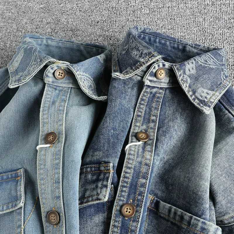 Heavy collar cashew flower embroidery design sense of British vintage denim shirt mens autumn trend coat with long sleeves M260309