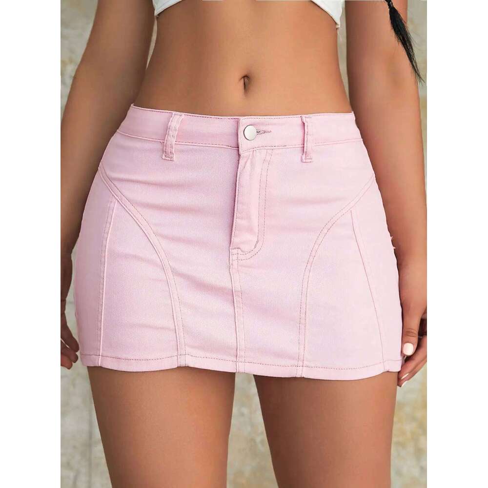 Y2k 2023 Fashion Women Carnival Holiday High Waist Solid Fake Pocket Skinny Mini A-Line Denim Skirt Streetwear XJ260309