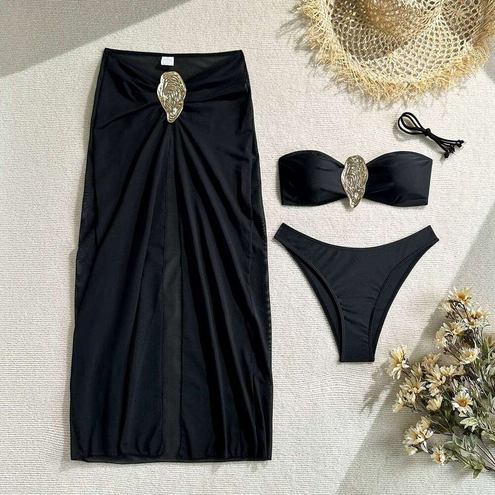 2025 new style with solid color metal three-piece split swimsuit bikini set XJ260206