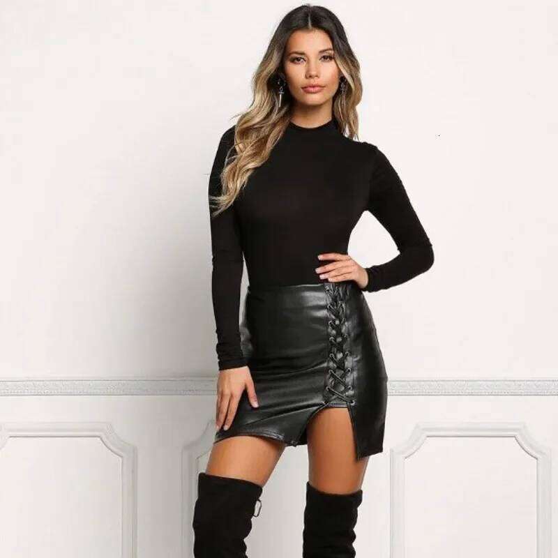 Sexy Girls Above Knee Black PU Leather Mini Skirts Spring Women High Waist Bodycon Front Split Elegant Short Skirt XJ260309
