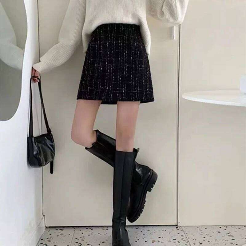 Women High Waist Plaid Tweed Skirt Autumn Winter Thick Woolen Short Woman Korean Fashion Slim Fit A-Line Skirts Ladies XJ260309