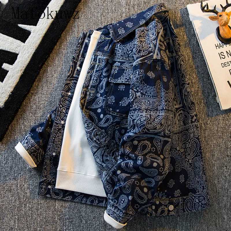 Autumn Retro Ethnic Style Jacquard Denim Jackets Mens Handsome Loose Casual High Street Workwear Jacket Tops Male Clothes M260309