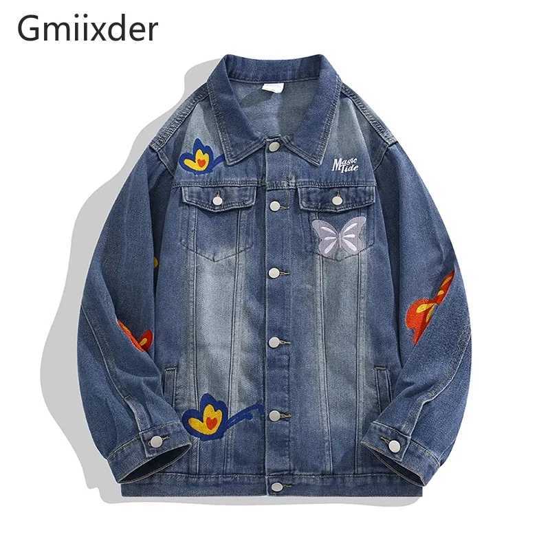 Retro Butterfly Embroidered Denim Jacket High Street Hip-hop Patch Personalized Jacket Mens Vintage Techwear Bomber Jeans Coat M260309