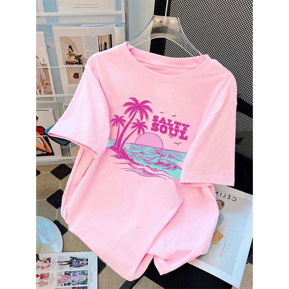 Women T-Shirt Summer Salty Soul Waves Beach Coconut Trees Prints T Shirt Soft Loose Round-Neck Tops Casual Woman Clothes XJ260306