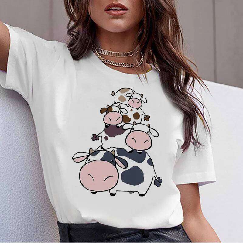 Cow t shirt print women female harajuku clothes tee korean ulzzang t-shirt 90s kawaii shirts femme tshirt Printed cartoon top XJ260306