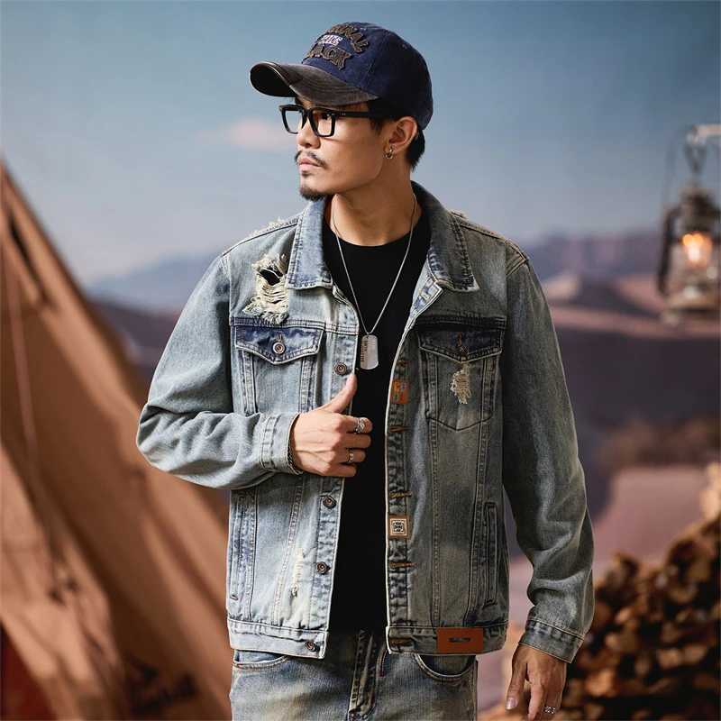 2025 Retro Hole Denim Jacket Mens Spring Autumn New Trend Brand Cool American Retro Style Casual Jacket for Men M260309