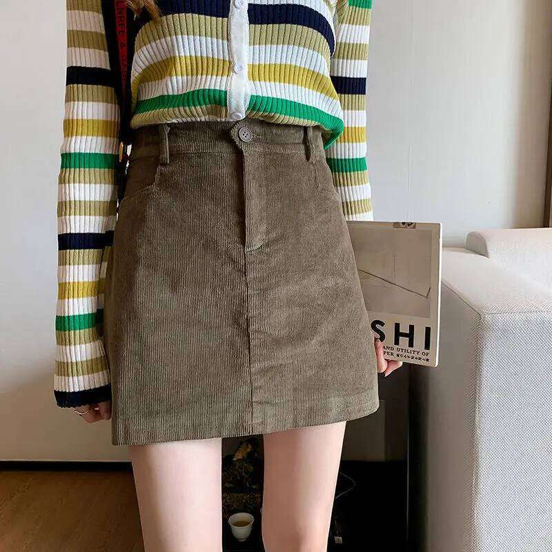 Women Corduroy Mini Hip Skirts Autumn Slim Elegant High Waist Vintage Streetwear Versatile A-line Fashion Woman Skirt Simplicity XJ260309