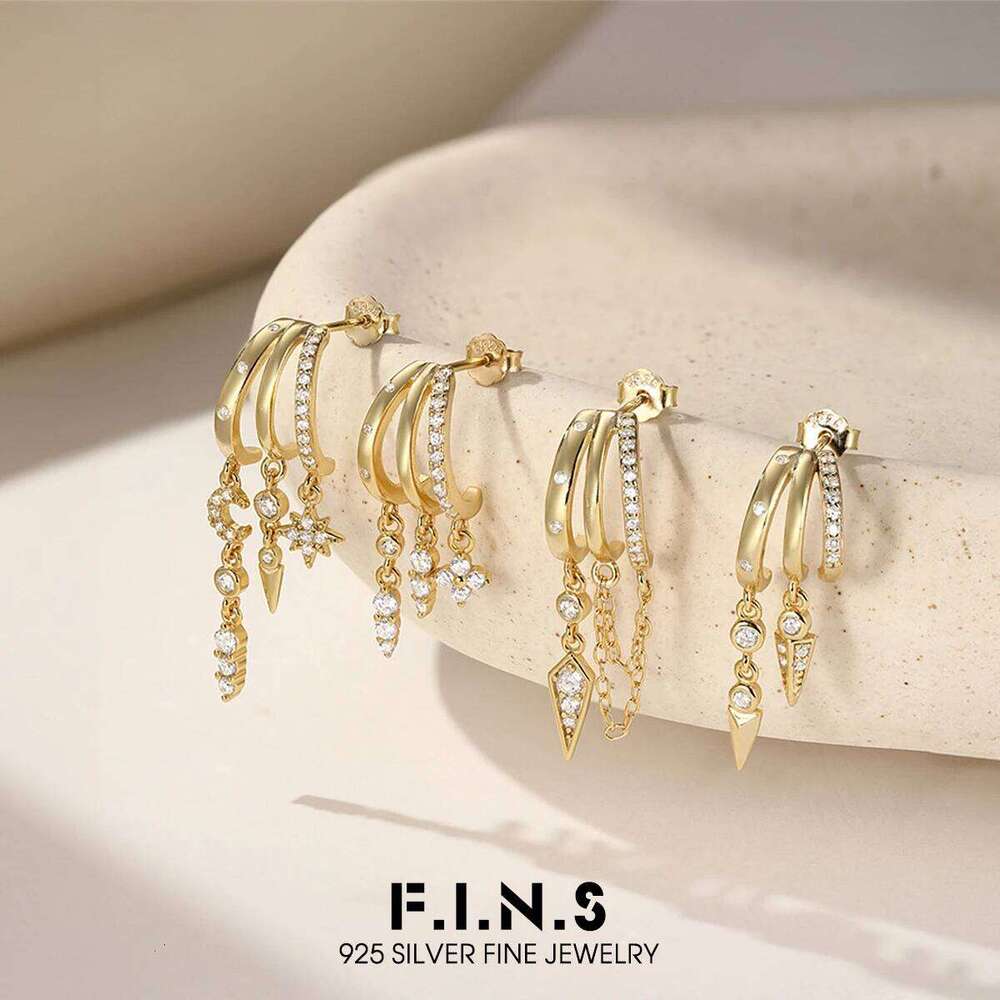 F.I.N.S Nuovo Argento Sterling 925 Oro Stella Luna Rivetto Orecchini Con Frange…