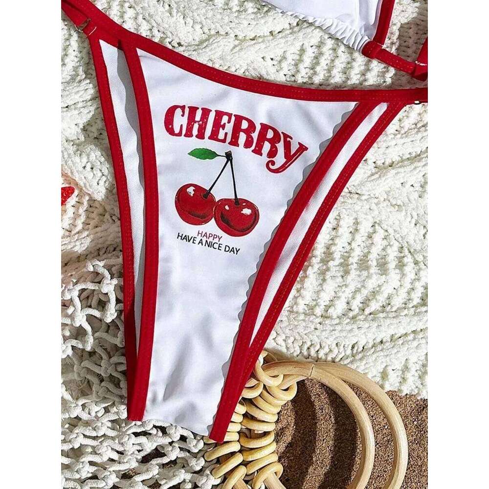 XS - L Cherry Print Short Sleeve Female Swimsuit Women Swimwear Three-pieces Bikini Set Micro Bathing Suit Swim Beachwear XJ260206