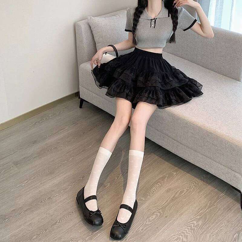 2025 Elastic Gothic Lace Tutu Skirt Women Black Mesh Detail Petticoat Sexy Mini Tulle Skirts Party Club Wear Dancer XJ260309