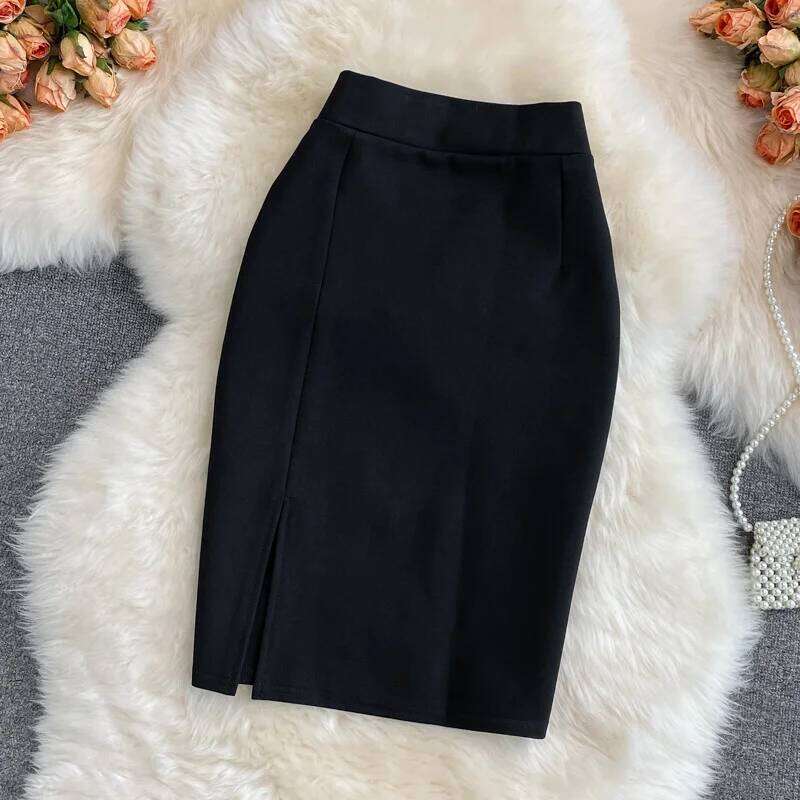 Women's Solid High Waist Work Pencil 2025 New Fashion Ladies Slim Fit Split Office OL Skirt Grey Red Black Skirts XJ260309