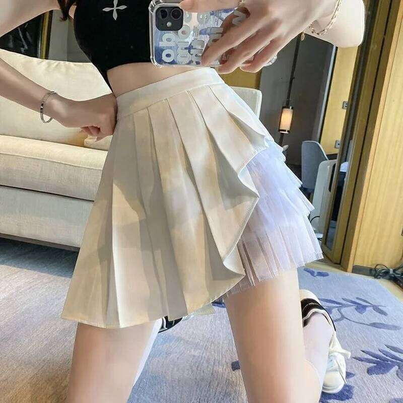 Pleated Skirts Women Chic Summer Party All-match Schoolgirls Clothing Vintage Slim Simple Pure Faldas Ulzzang Y2k Mesh Design XJ260309
