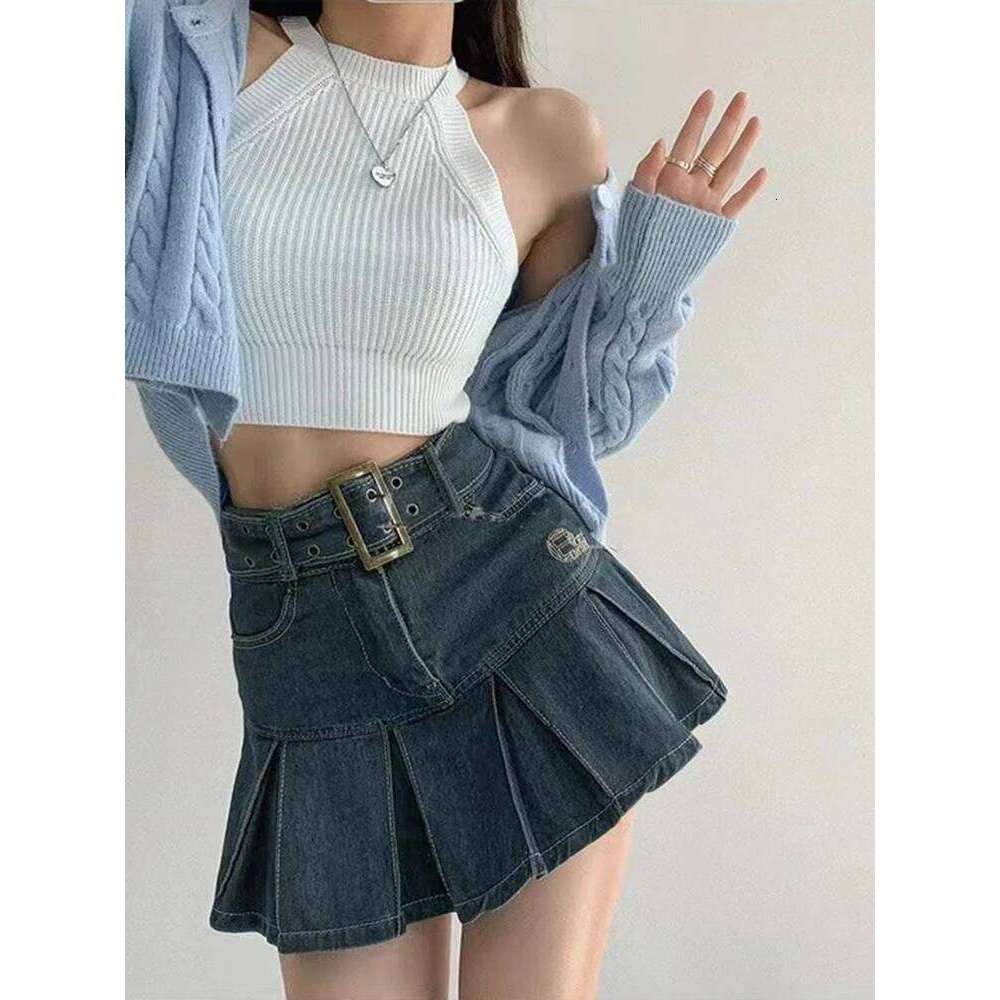Embroider denim women's clothing spring and summer retro pleated empire look slimmer mini skirt XJ260309