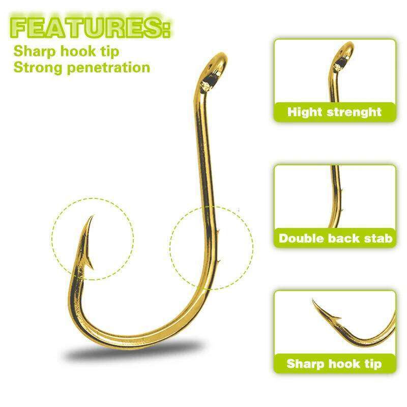 50pcs Octopus Sea Fishing Hooks, With Eye, Double Barbed Circle Hooks - Gold, for Bass and Catfish. S260305