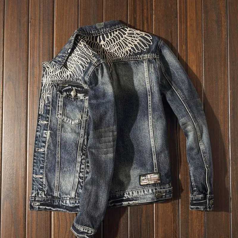 Vintage Wings Embroidered Denim Jacket Men Cowboy Retro Spring Autumn Handsome Long Sleeve Jeans Coat Rockin Clothes M260309