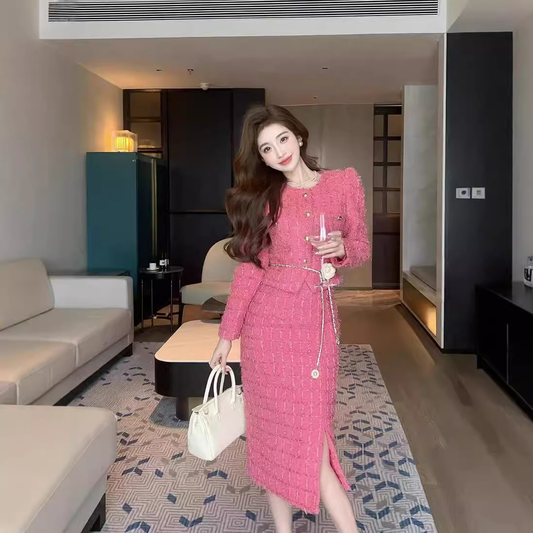 Autumn Spaghetti Strap Woolen Patchwork Mesh Tulles Midi Dress Short Tweed Jacket Coat For Women 2 Pieces Set Outfits 240708