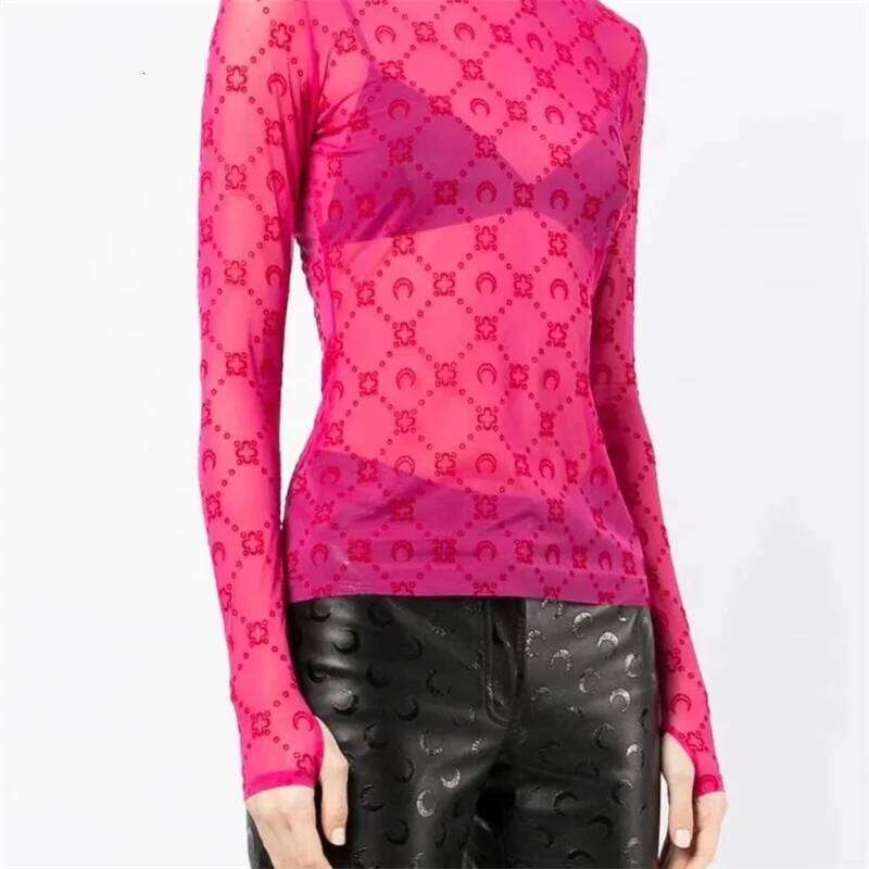 See Through Brand Women Tops Tulle Mesh Versatile Long Sleeve Moon Flocked Shirt Casual Thin Blouses Y K Sexy Sheer Blusas P MAKOUFEI