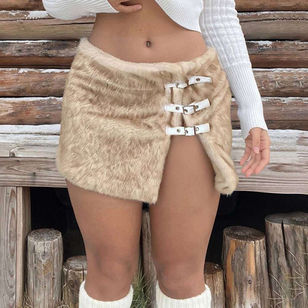 Y2K Sexy Fur Split Mini Buckle Sweet Slim Side Slit Mid-Waisted Bodycon Skirt Casual Streetwear Party Outfit Autumn Winter XJ260309
