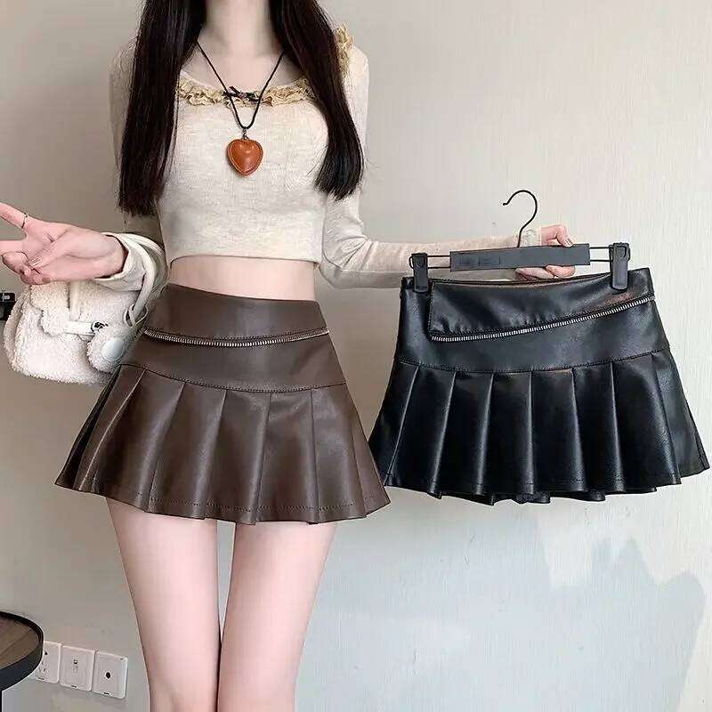 Women's PU Leather Zipper Pleated 2025 Autumn New High Waist Anti-light Midi Skirt XJ260309