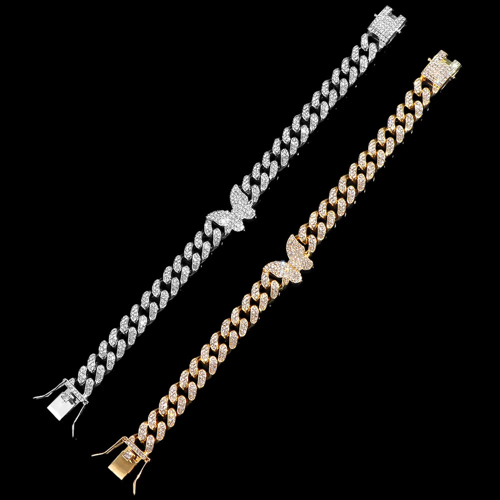 Fashion Shine Crystal Butterfly Miami Cuban Anklets for Women Iced Out Bling Cuban Link Chain Ankle Bracelet Beach Jewelry 260306