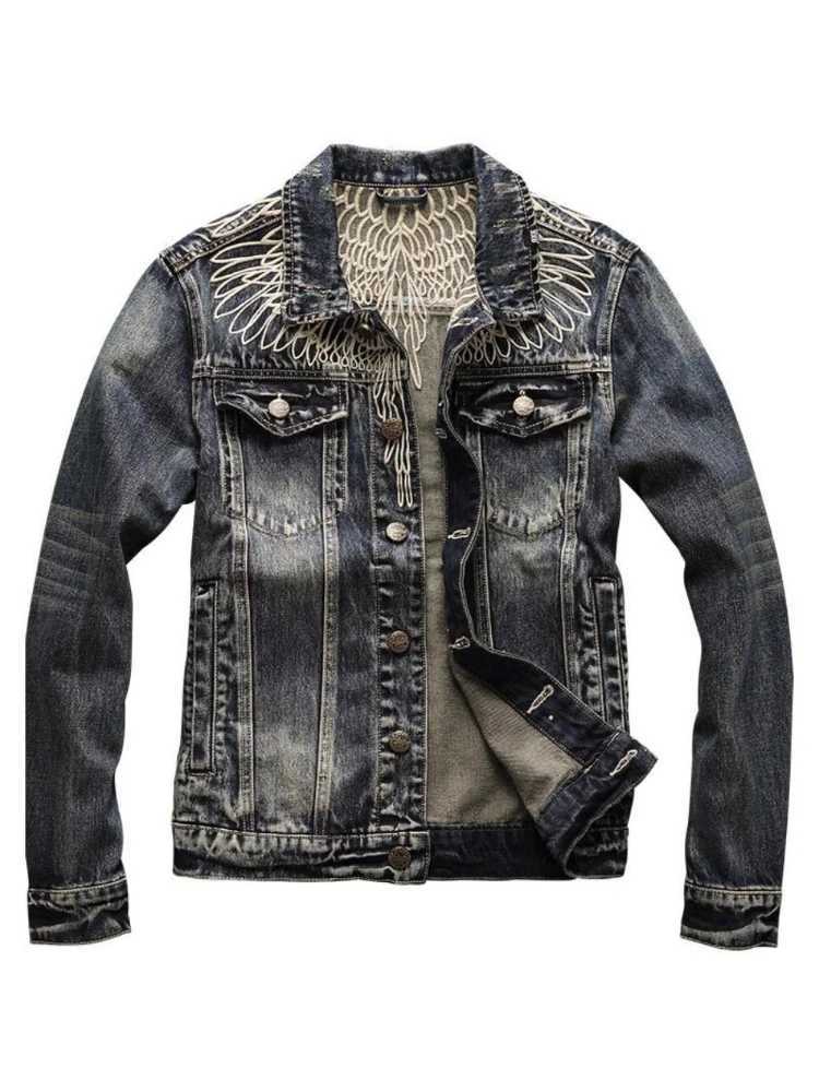 Vintage Wings Embroidered Denim Jacket Men Cowboy Retro Spring Autumn Handsome Long Sleeve Jeans Coat Rockin Clothes M260309
