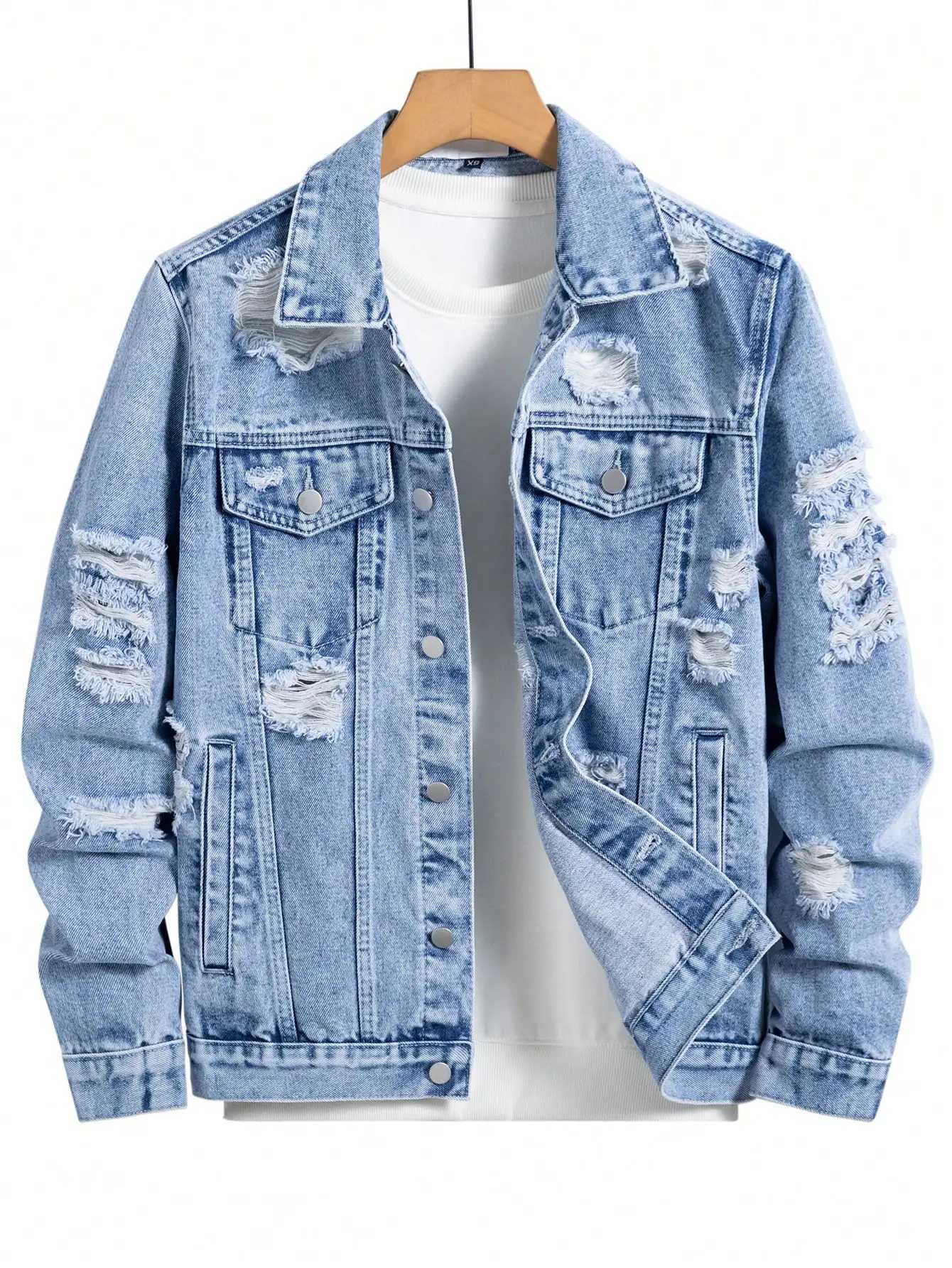 Mens denim jacket for spring and autumn Blue ripped coat Street fashion Vintage - worn style Daily casual M260309