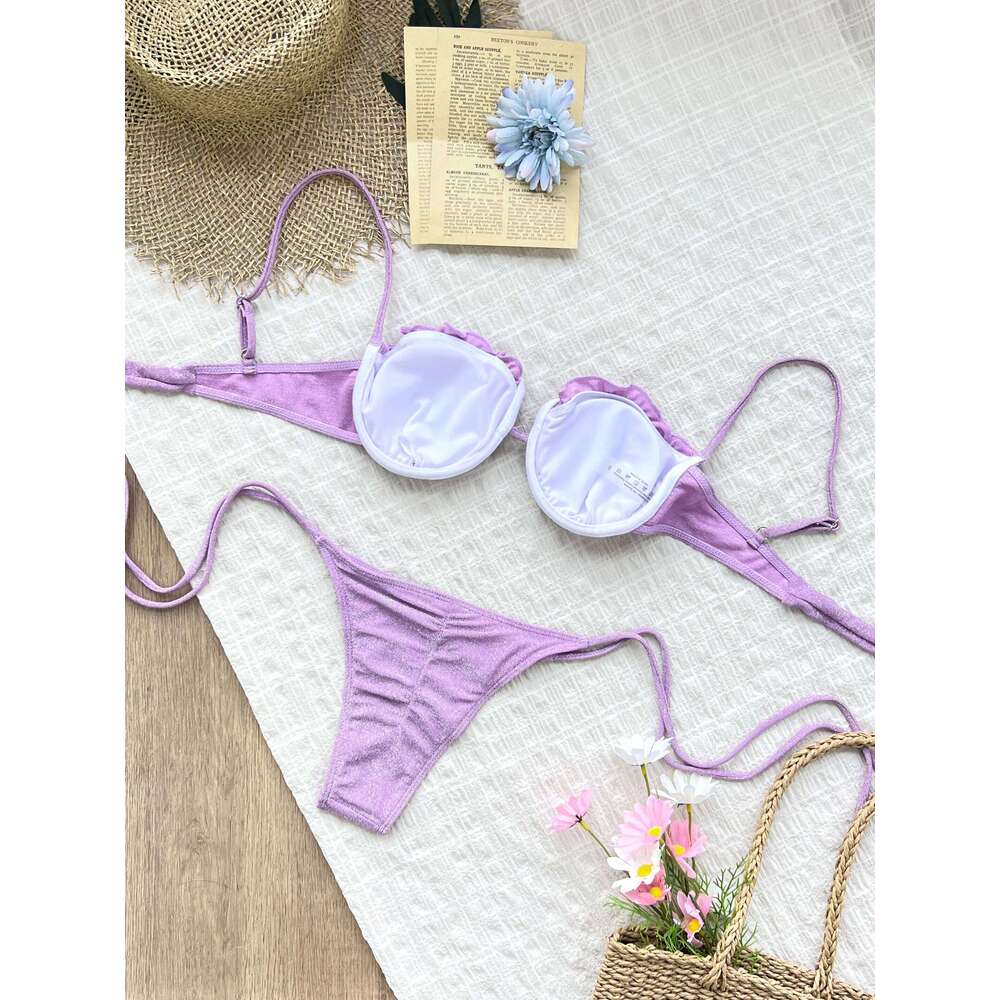 2025 Purple Bikini Set with Metal Ring Accent - Adjustable Straps High-Cut Bottoms Perfect for Beach Wear and Pool Parties XJ260206
