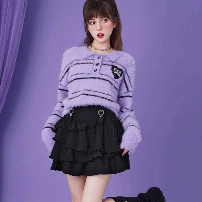 Black Fairy Skirts Women High Waist Slim A-line 2025 Japanese Patchwork Ruffled Woman Fashion Kawaii Mini Skirt Summer Sweet XJ260309