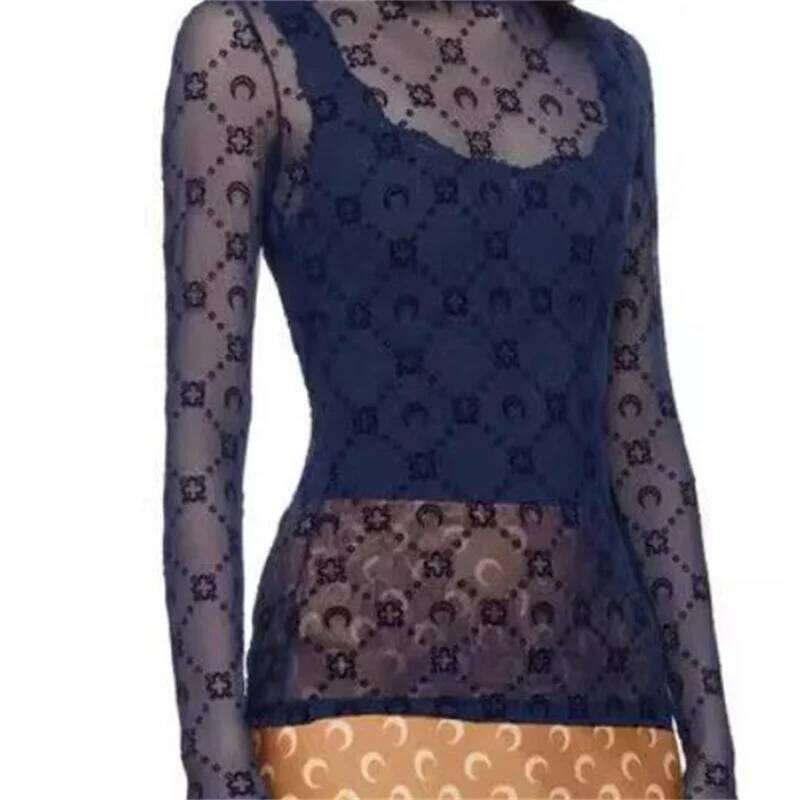 See Through Brand Women Tops Tulle Mesh Versatile Long Sleeve Moon Flocked Shirt Casual Thin Blouses Y K Sexy Sheer Blusas P MAKOUFEI