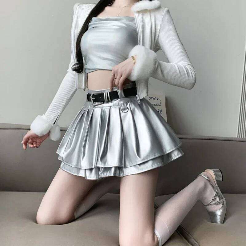 New Pleated Leather Skirts Women Korean High-waisted Solid A-line High Street Fashion Basics Short Skirt Female XJ260309