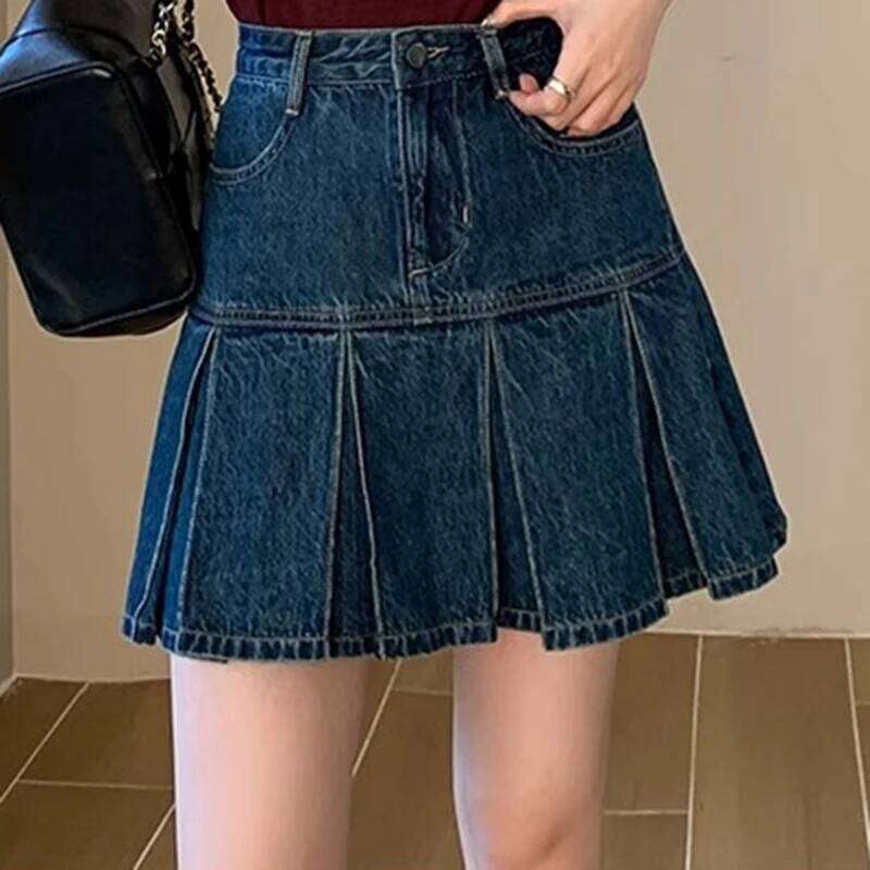 Women High Waist Korean Style Denim Pleated Female Elegant Ruched Dress Lady Blue A Line Mini Wrap Hips Skirts Large Size XJ260309