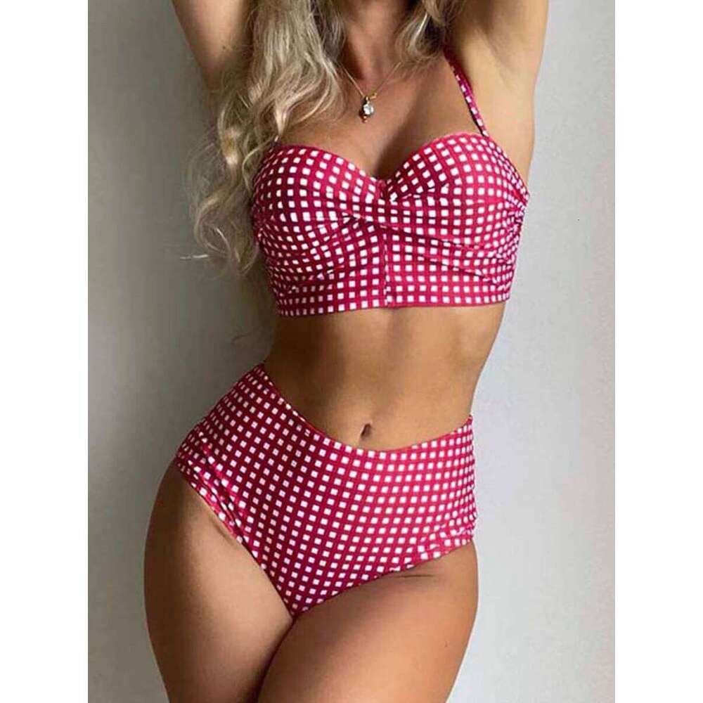 High Waist Bikinis 2025 Women Gingham Printed Swimwear Sexy Straped Swimsuit Female Padded Bathers Bathing Suit Beachwear XJ260206