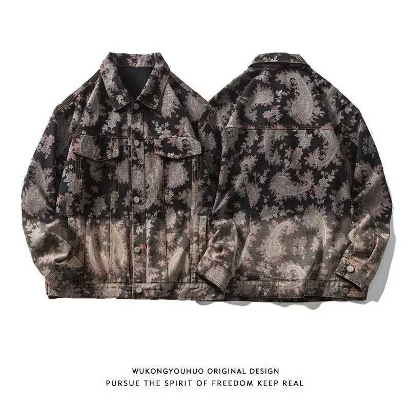 Streetwear Hip Pop Retro Cashew Flower Denim Jackets Mens Clothing 2025 Spring Fashion Outerwear Loose Casual Lapels Jacket Men M260309