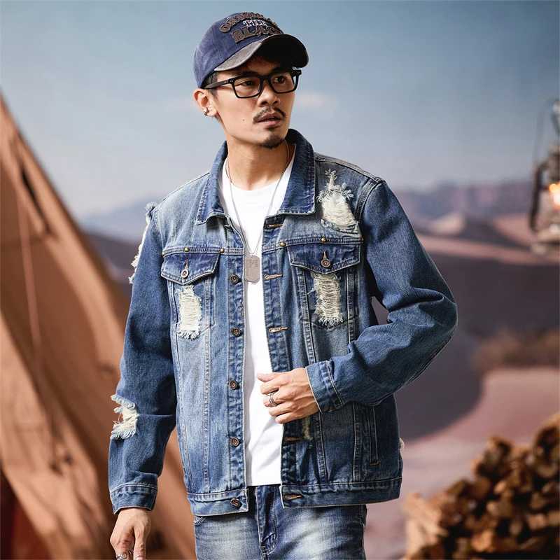 Mens Spring Autumn Ripped Denim Jacket Trendy American Retro Style Casual Coat for Streetwear Comfortable Midweight Outerwear M260309