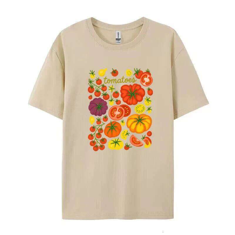 Women's Casual Short Sleeve Crew Neck T-Shirt Vibrant Tomato & Herb Print Tshirt Vintage Cotton Graphic Top Female Clothing XJ260306