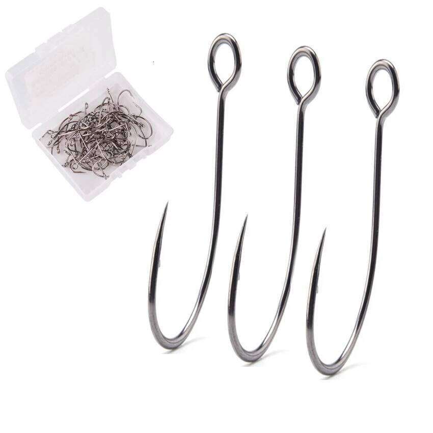 50pcs/box Barb Hook Fishing Ring Carbon Steel Single Tackle Box Worm Spoon Jig Hooks With Big Eyes Fishhook S260305