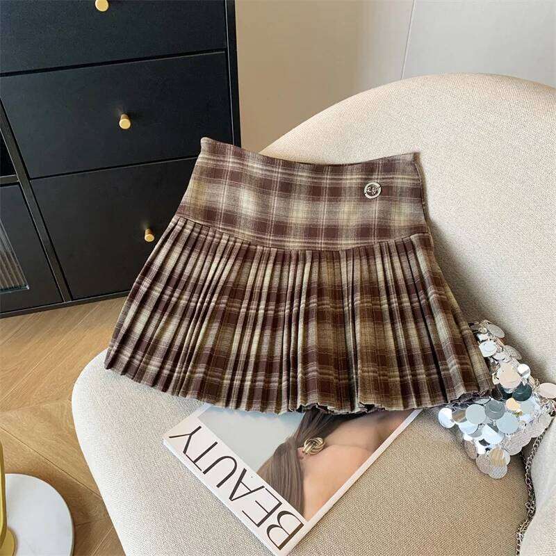 Vintage Brown Plaid Preppy Style Spring Summer Women A-line Short Pleated Y2k Red Patchwork High Waist Mini Skirt Harajuku XJ260309