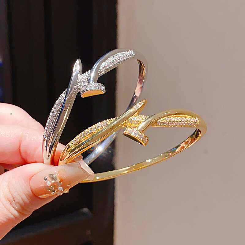 Jewelry Bracelets Bangle 18K Real Gold Plated French Zircon Cross Nail Adjustable Clasp Exquisite Unique High-End Texture Women's