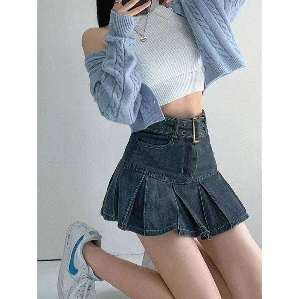 Embroider denim women's clothing spring and summer retro pleated empire look slimmer mini skirt XJ260309